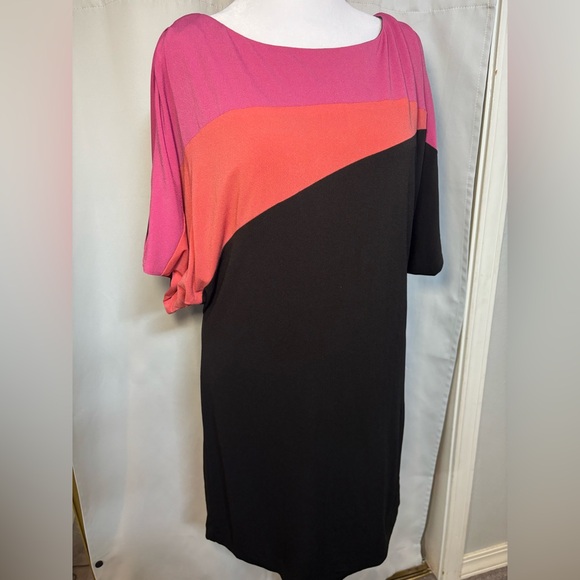S.L. Fashions Colorblock Dress Size 18 Pink Coral Black Batwing Cocktail Dress - Picture 3 of 7